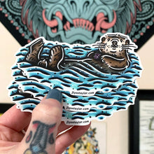 Load image into Gallery viewer, American traditional tattoo flash illustration Sea Otter watercolor sticker.
