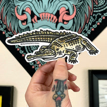 Load image into Gallery viewer, American traditional tattoo flash wildlife illustration Gharial watercolor sticker.
