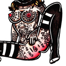 Load image into Gallery viewer, American traditional tattoo flash Naughty Ski Mask robber Pinup ink and watercolor painting.
