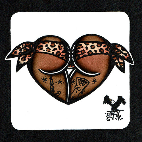 American traditional tattoo flash Leopard Print African Scrunch Butt Booty Heart watercolor painting..