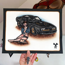 Load image into Gallery viewer, American traditional tattoo flash Smokey and the Bandit Pinup Trans Am watercolor painting.
