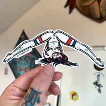 Load image into Gallery viewer, American traditional tattoo flash naughty sock splits pinup watercolor sticker.
