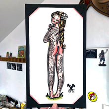 Load image into Gallery viewer, American traditional tattoo flash hand painting Southern Belle nude pinup watercolor painting.
