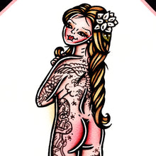 Load image into Gallery viewer, American traditional tattoo flash hand painting Southern Belle nude pinup watercolor painting.
