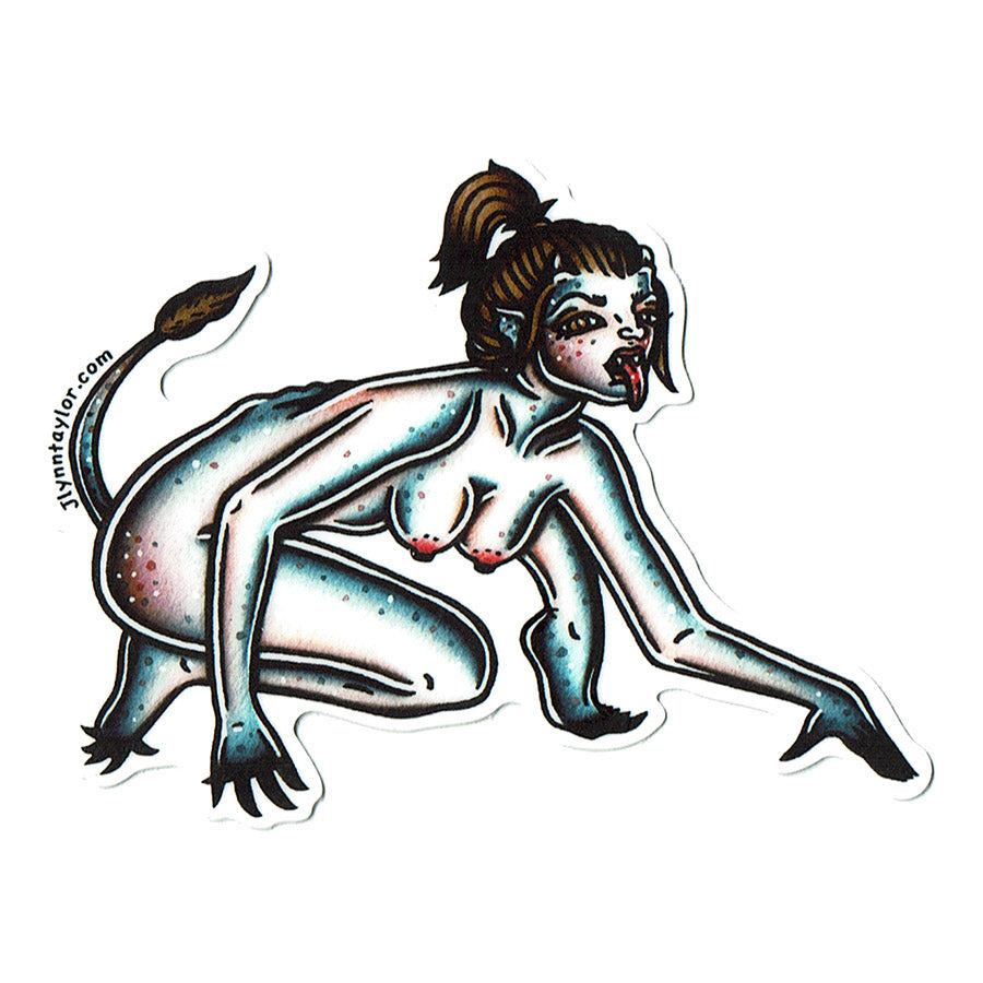 American traditional tattoo flash Succubus Demon Devil Pinup watercolor sticker.