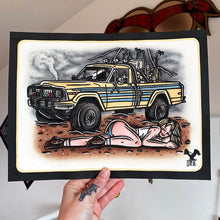 Load image into Gallery viewer, American traditional tattoo flash Twister Pinup Jeep J10 watercolor painting.
