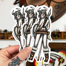Load image into Gallery viewer, American traditional tattoo flash illustration Topless Viking Pinup watercolor sticker.

