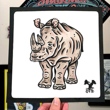 Load image into Gallery viewer, American traditional tattoo flash wildlife illustration White Rhinoceros watercolor painting.
