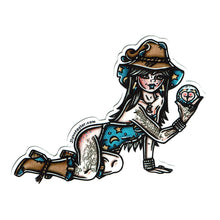 Load image into Gallery viewer, American traditional tattoo flash illustration Booty Ball Wizard Pinup watercolor sticker.
