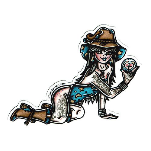 American traditional tattoo flash illustration Booty Ball Wizard Pinup watercolor sticker.