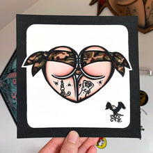 Load image into Gallery viewer, American traditional tattoo flash Woodland Camouflage Scrunch butt Bikini Booty Heart Watercolor Painting.
