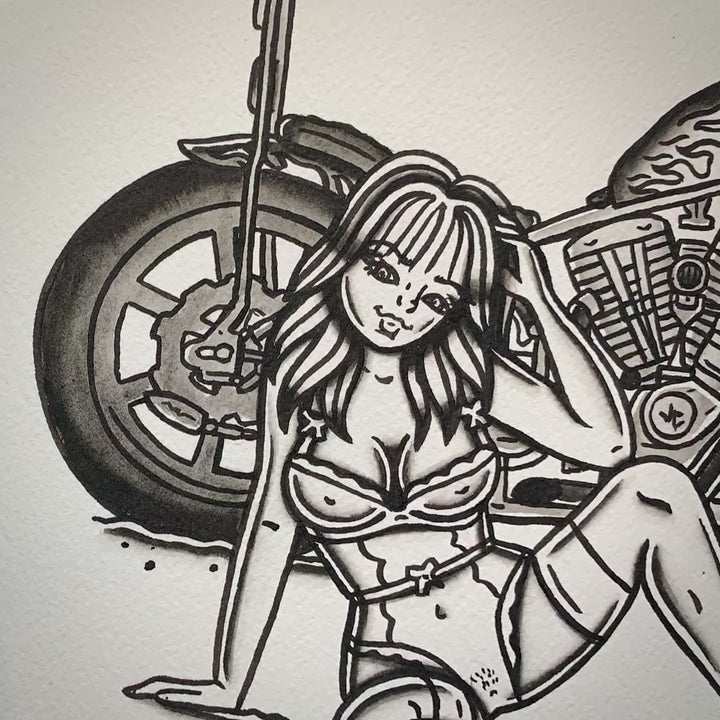 American traditional tattoo flash illustration Harley Davidson Cone Shovelhead Chopper Pinup watercolor painting.