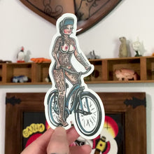 Load and play video in Gallery viewer, American traditional tattoo flash beach cruiser nude pinup vinyl sticker.
