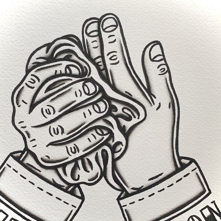 American traditional tattoo flash illustration Dirty Mechanic Hands watercolor painting.