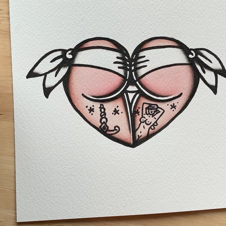 American traditional tattoo flash Serape Scrunch Butt Bikini Booty Heart watercolor painting.