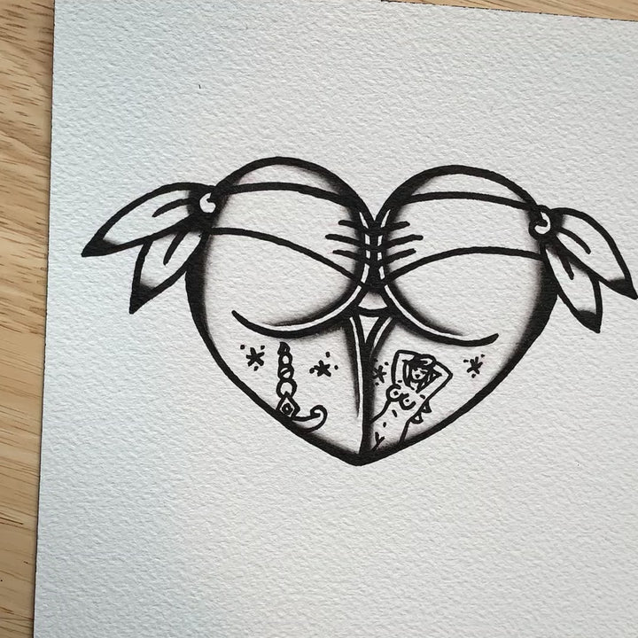 American traditional tattoo flash Red Rose Scrunch Butt Bikini booty Heart watercolor painting.