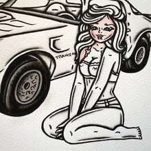 Load and play video in Gallery viewer, American traditional tattoo flash illustration Pontiac Firebird Trans Am watercolor Pinup Painting.
