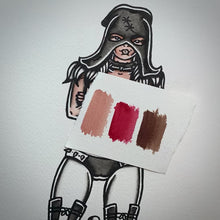 Load and play video in Gallery viewer, American traditional tattoo flash Topless Executioner Pinup ink and watercolor painting.
