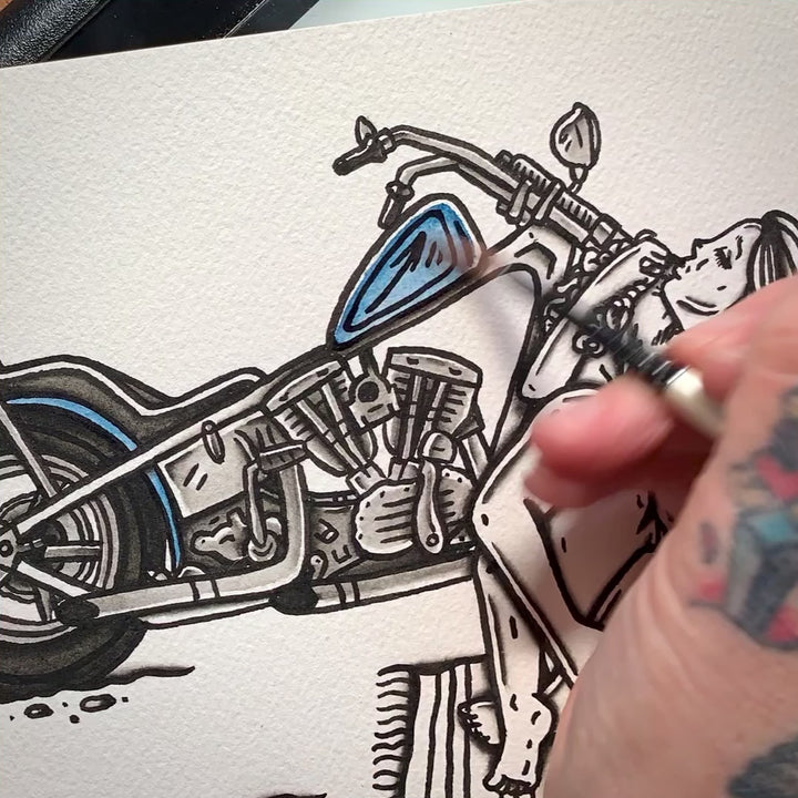 American traditional tattoo flash Chopper Love Pan-Shovel watercolor painting.