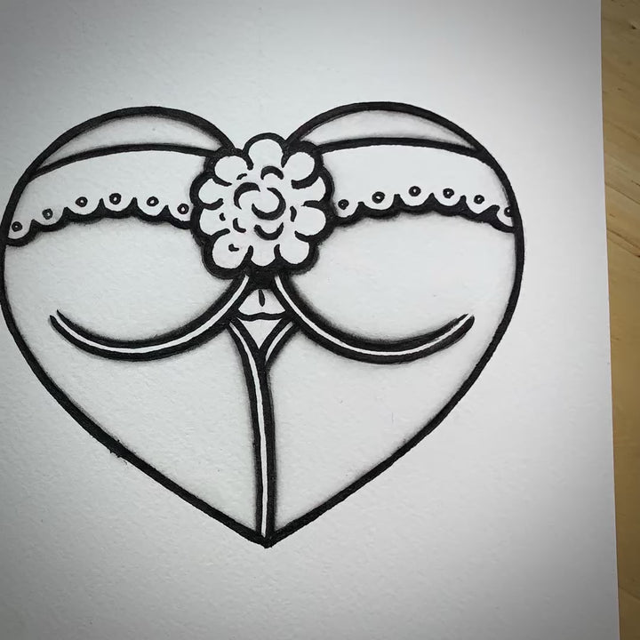 American traditional tattoo flash cottontail Bunny Rabbit Booty Butt Heart watercolor painting.
