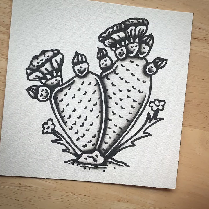 American traditional tattoo flash illustration Prickly Pear desert cactus watercolor painting.