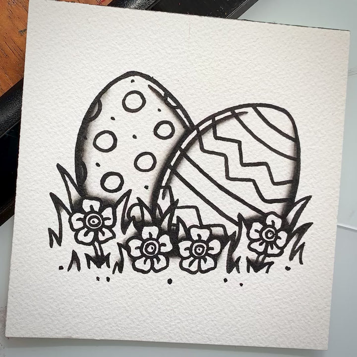 American traditional tattoo flash illustration Easter Eggs in grass and flowers watercolor painting.