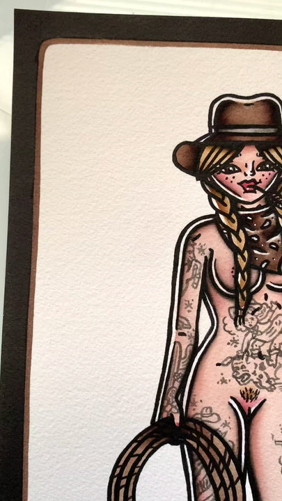 American traditional tattoo flash Nude Rope Cowgirl Pinup watercolor painting.