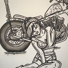 Load and play video in Gallery viewer, American traditional tattoo flash illustration 1971 Harley Davidson Ironhead Chopper Pinup painting.
