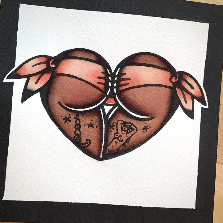 American traditional tattoo flash Leopard Print African Scrunch Butt Booty Heart watercolor painting..