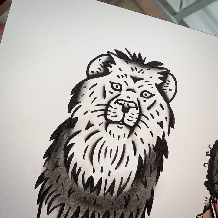 American traditional tattoo flash illustration African Lion Pinup watercolor painting.
