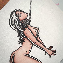 Load and play video in Gallery viewer, American traditional tattoo flash illustration Leather Leash Bondage Pinup watercolor painting.
