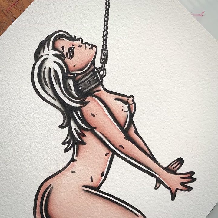 American traditional tattoo flash illustration Leather Leash Bondage Pinup watercolor painting.