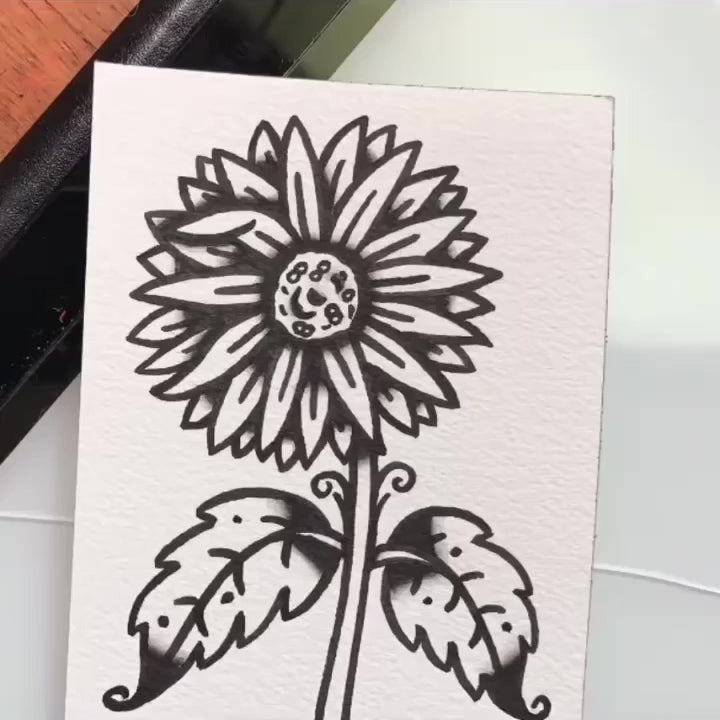 American traditional tattoo flash illustration Ring of Fire Sunflower watercolor painting.