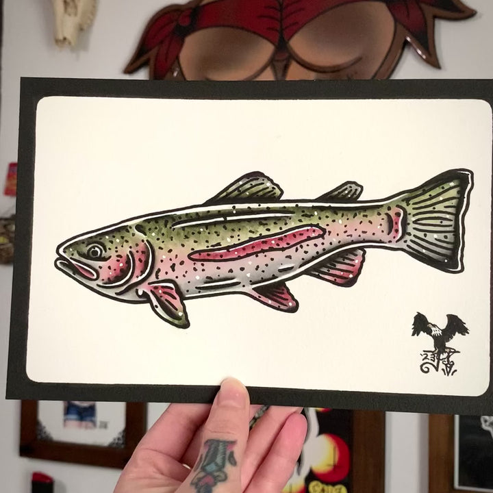 American traditional tattoo flash wildlife illustration Rainbow Trout watercolor painting.