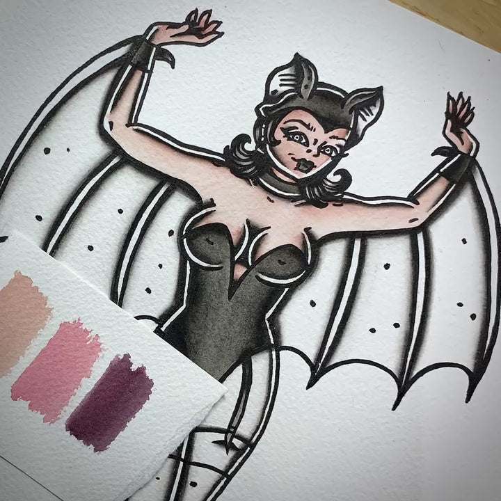 American traditional tattoo flash Halloween Bat Pinup ink and watercolor painting.
