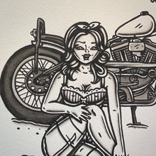 Load and play video in Gallery viewer, American traditional tattoo flash illustration 2016 Harley Davidson Iron 883 Sportster Chopper Pinup watercolor painting.
