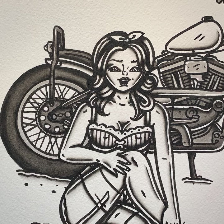 American traditional tattoo flash illustration 2016 Harley Davidson Iron 883 Sportster Chopper Pinup watercolor painting.