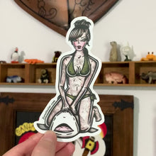Load and play video in Gallery viewer, American traditional tattoo flash Shark Fishing Pinup watercolor sticker.
