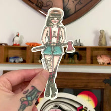 Load and play video in Gallery viewer, American traditional tattoo flash Lumberjack Pinup watercolor sticker.
