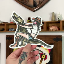 Load and play video in Gallery viewer, American traditional tattoo flash Alligator Wrestler Pinup watercolor sticker.
