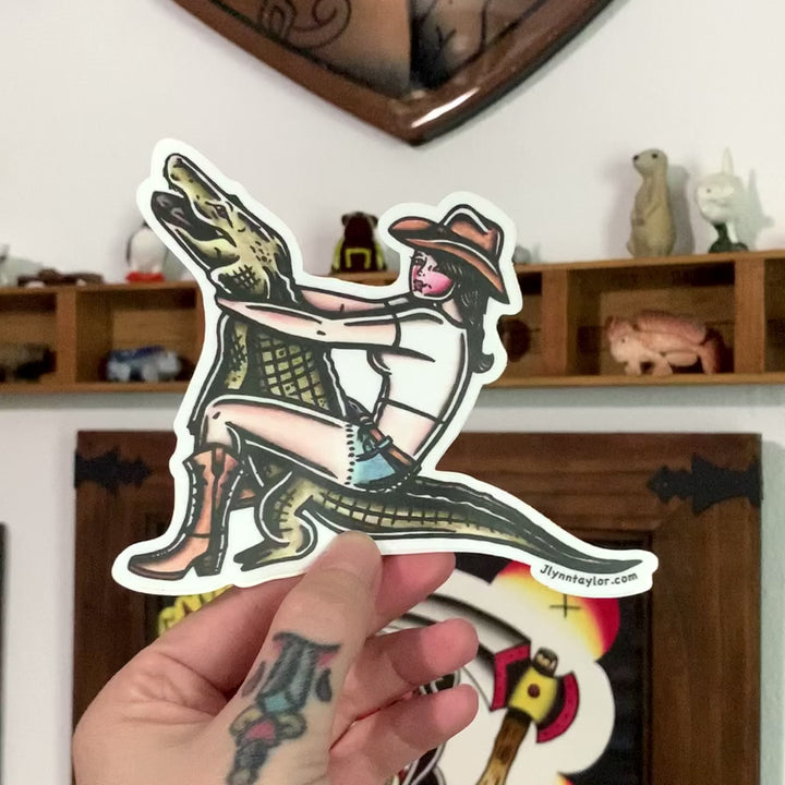 American traditional tattoo flash Alligator Wrestler Pinup watercolor sticker.