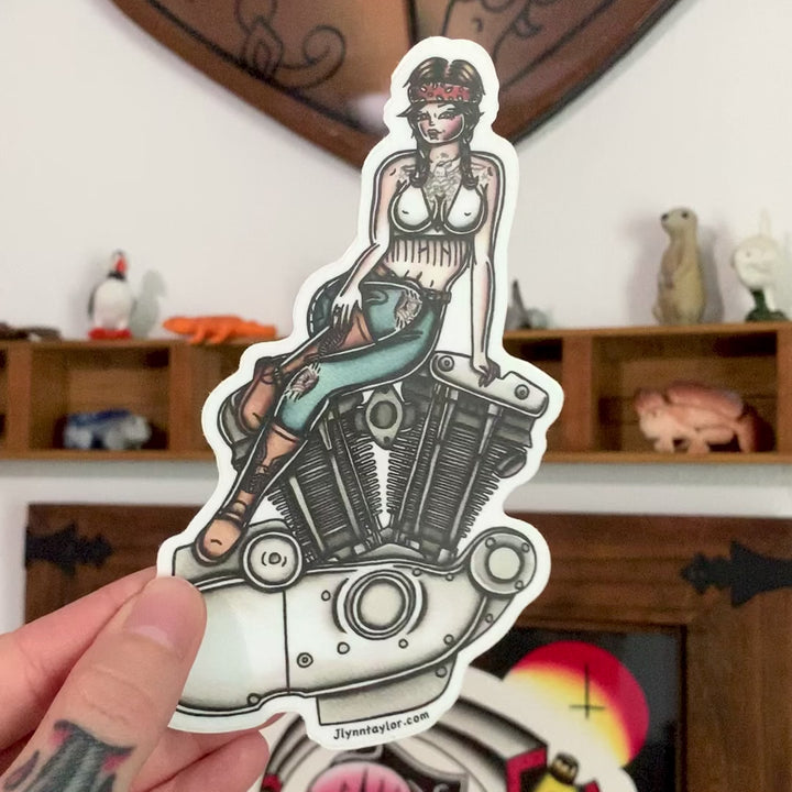 American Traditional tattoo flash illustration Harley Motorcycle Ironhead Engine Pinup watercolor sticker.