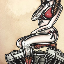 Load image into Gallery viewer, American Traditional tattoo flash sexy Harley-Davidson Milwaukee-Eight engine pinup spitshade painting.

