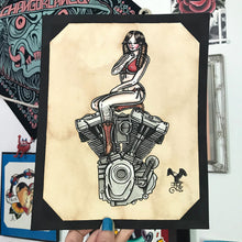 Load image into Gallery viewer, American Traditional tattoo flash sexy Harley-Davidson Milwaukee-Eight engine pinup spitshade painting.
