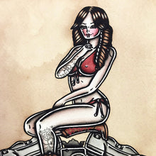 Load image into Gallery viewer, American Traditional tattoo flash sexy Harley-Davidson Milwaukee-Eight engine pinup spitshade painting.
