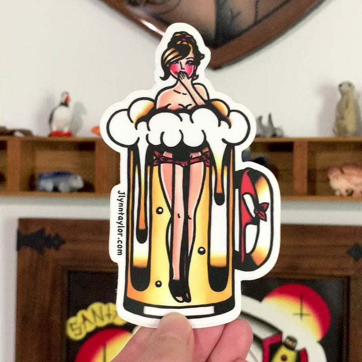 American traditional tattoo flash illustration Beer Pinup watercolor sticker.