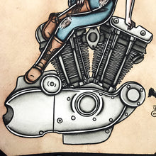 Load image into Gallery viewer, American Traditional tattoo flash sexy Harley-Davidson Ironhead engine pinup spitshade painting.
