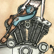Load image into Gallery viewer, American Traditional tattoo flash sexy Harley-Davidson Ironhead engine pinup spitshade painting.
