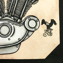 Load image into Gallery viewer, American Traditional tattoo flash sexy Harley-Davidson Ironhead engine pinup spitshade painting.
