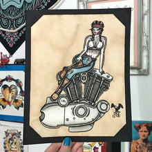 Load image into Gallery viewer, American Traditional tattoo flash sexy Harley-Davidson Ironhead engine pinup spitshade painting.
